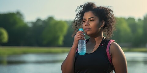 female athlete cooling down after workout holding a water bottle on a sunny day generative AI