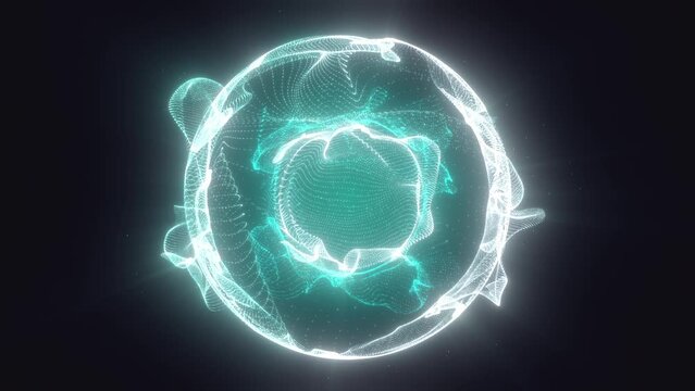 Abstract round blue sphere light bright glowing from rays of energy and magic waves from particles and dots, abstract background