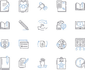 Educational tools outline icons collection. School, Teacher, Learning, Books, Classroom, pencils, iPads vector and illustration concept set. Computers, Chalkboard, Smartboard linear signs