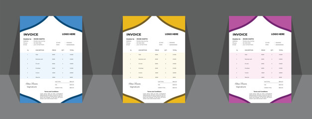 Invoice Layout Business invoice form template. Invoicing quotes, money bills or price invoices and payment agreement design templates. Tax form, bill graphic or payment receipt page vector set