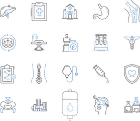 Medical centre outline icons collection. Clinic, Hospital, Health, Medical, Centre, Care, Treatment vector and illustration concept set. Diagnosis, Physician, Surgery linear signs