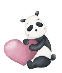 Obraz premium Cute watercolor panda with a big pink heart, clipart panda on white background 
