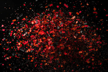 red and black confectional particles floating in the air on a black background with space for your text. Generative AI