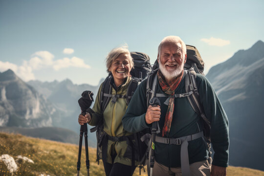 Diverse Senior Hiker Couple Smiling Together With Their Backpacks, Taking Photos Against A Beautiful Mountain Background, Celebrating An Active And Healthy Retirement. Generative AI