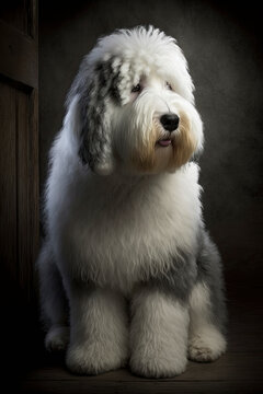 Generative AI illustration studio portrait style image of Old English Sheepdog pedigree dog breed