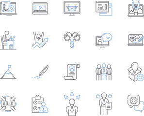 Working management outline icons collection. Workforce, Management, Organizing, Supervising, Directing, Planning, Coordinating vector and illustration concept set. Scheduling, Strategizing