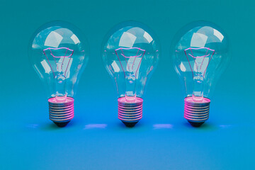 three retro style lightbulbs with glowing filament standing in a row on infinite colorful background; creativity design concept; 3D Illustration