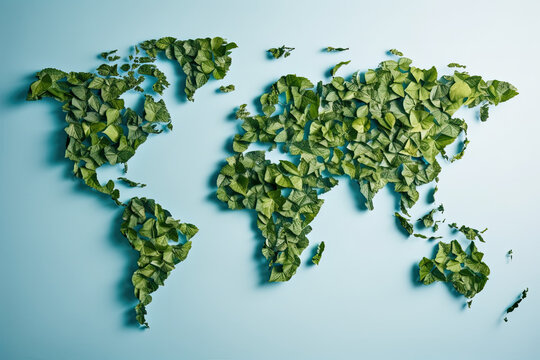 the world map made out of green leaves on a blue background with space for your text or image stock photo. Generative AI