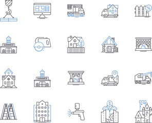 Construction tools outline icons collection. Shovel, Hammer, Drill, Saw, Wood, Wrench, Pliers vector and illustration concept set. Screwdriver, Nail, Axe linear signs