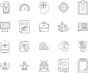 Office and managers outline icons collection. Office, Managers, Supplies, Employees, Documents, Organization, Technology vector and illustration concept set. Chairs, Desks, Administration linear signs