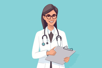 Trendy woman doctor holds a medical record and smile on a light blue background, vector flat illustration, Medical concept, Health сare сoncept