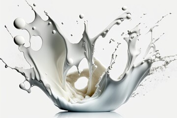 Milk spills in close-up on a white backdrop. Generative AI