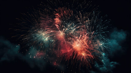 Fototapeta na wymiar Celebration multicolored fireworks, copy space. 4 of July, 4th of July, Independence Day beautiful fireworks. Canada Day holidays salute. New Year celebration colorful fireworks.