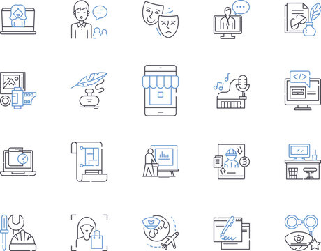 Digitall Freelance outline icons collection. Digital, Freelance, Contractor, Remote, Outsourcing, Gig, Consultant vector and illustration concept set. Part-time, Self-employed, Entrepreneur linear