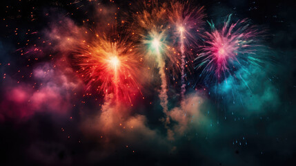 Celebration multicolored fireworks, copy space. 4 of July, 4th of July, Independence Day beautiful fireworks. Canada Day holidays salute. New Year celebration colorful fireworks.