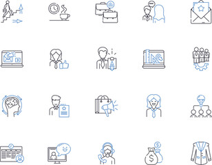 Business ethics outline icons collection. Integrity, Morality, Respect, Responsibility, Honesty, Fairness, Confidentiality vector and illustration concept set. Credibility, Trust, Values linear signs