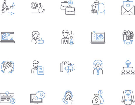 Business ethics outline icons collection. Integrity, Morality, Respect, Responsibility, Honesty, Fairness, Confidentiality vector and illustration concept set. Credibility, Trust, Values linear signs
