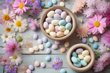 Fototapeta na wymiar easter eggs in a bowl surrounded by flowers on a blue wooden table with pink and white daies around them. Generative AI