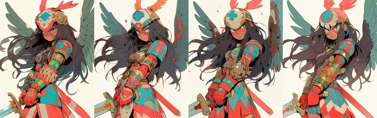 Portraits of a samurai angel girl with wings. Anime style illustration on a colorful background. beautiful and strong characters.	
