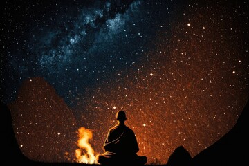 Obraz na płótnie Canvas Silhouette of buddhist monk sitting near campfire at night