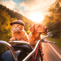 cat and dog riding motorcycle tandem