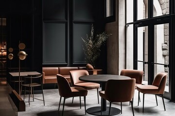 Fototapeta premium Interior of a deserted contemporary hotel lounge bistro. Generative AI
