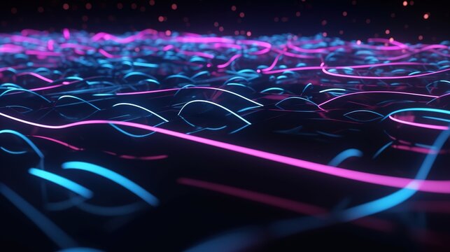 Abstract background with pink and blue glowing neon lines and bokeh lights. Data transfer concept. Web network connection concept. Cyber space. Futuristic wallpaper. Generative AI.