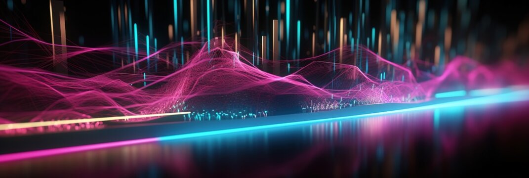 Abstract background with pink and blue glowing neon lines and bokeh lights. Data transfer concept. Web network connection concept. Cyber space. Futuristic wallpaper. Generative AI.