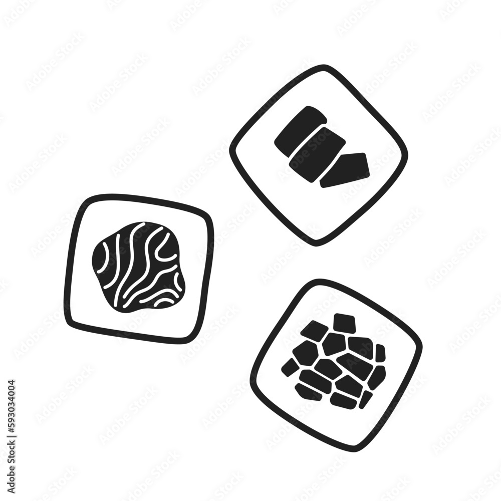 Poster three maki rolls with fish and vegetables monochromatic flat vector object. avocado, salmon sushi. e