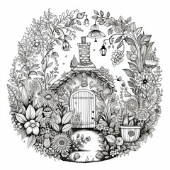 Coloring pages of an enchanted garden, black and white, generative Al 