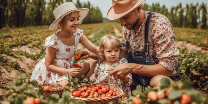 Erdbeeren Pflücken mit der Familie Erdbeerfeld Illustration Digital Art Generative AI Hintergrund Background