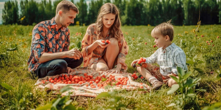 Erdbeeren Pflücken mit der Familie Erdbeerfeld Illustration Digital Art Generative AI Hintergrund Background