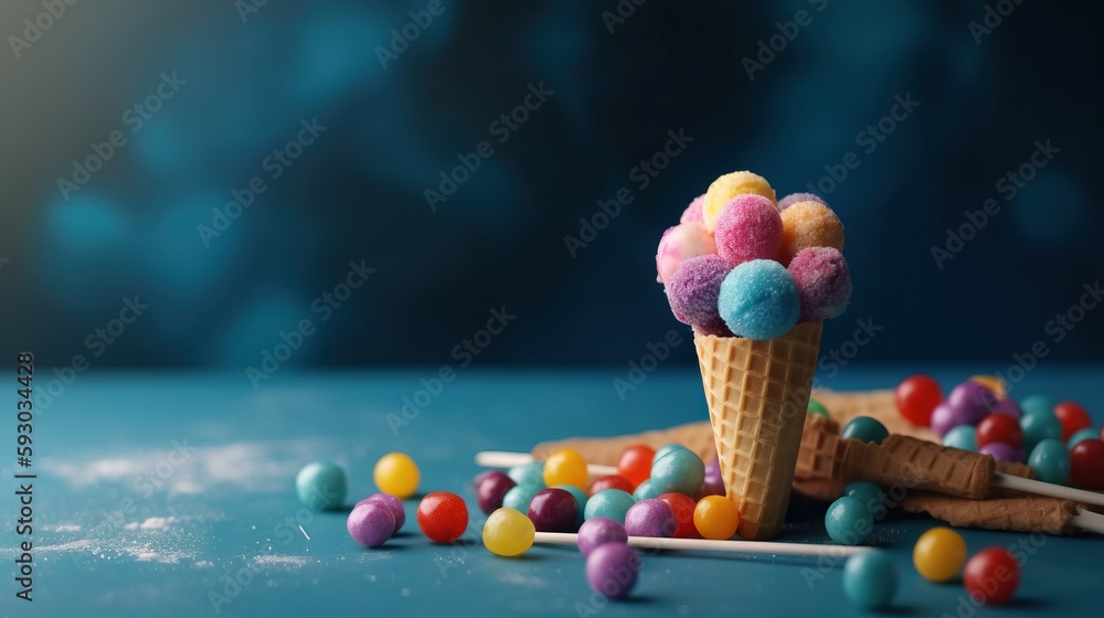Poster an ice cream cone filled with colorful candies on top of a table. generative ai