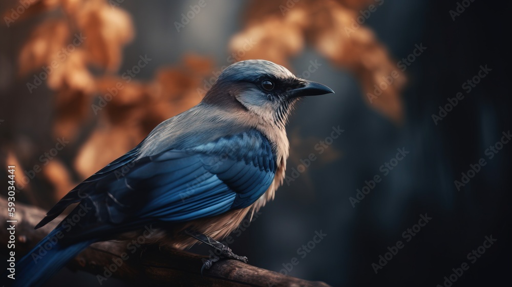 Poster a blue bird sitting on a branch in a tree with leaves. generative ai