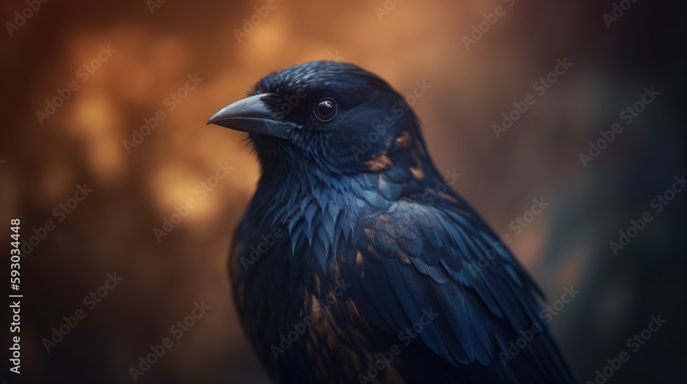 Poster a black bird is sitting on a tree branch with a blurry background. generative ai