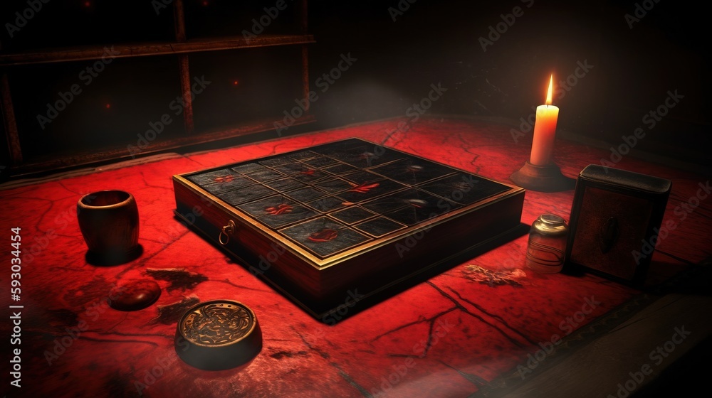 Poster a table with a candle and other items on it in a dark room. generative ai