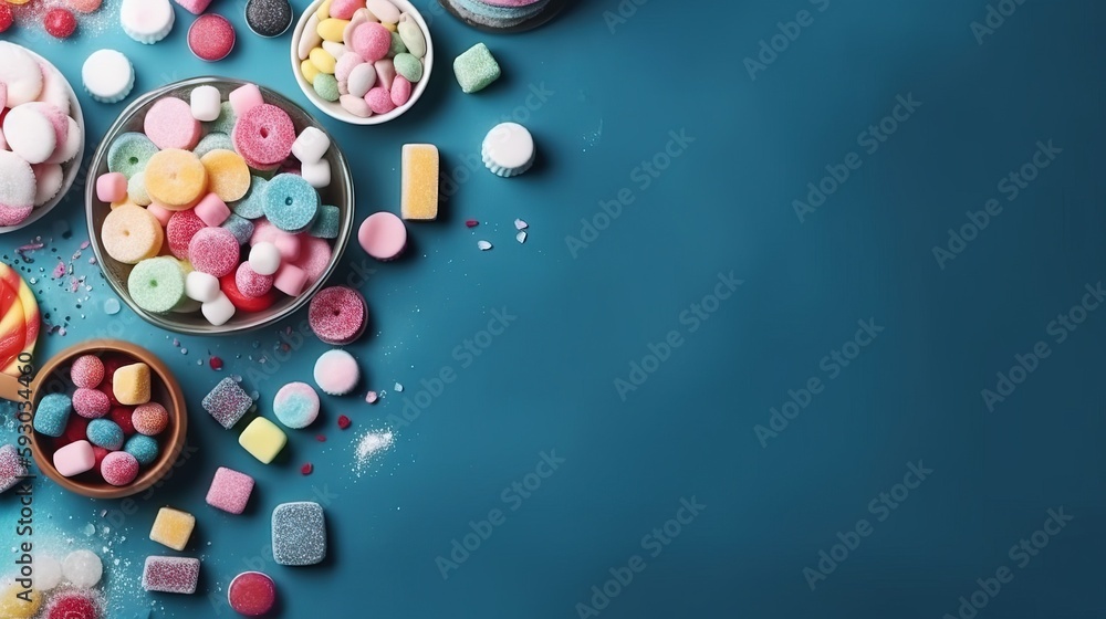 Poster a table topped with bowls filled with different types of candy. generative ai