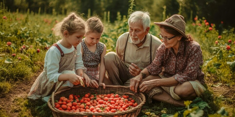 Erdbeeren Pflücken mit der Familie Erdbeerfeld Illustration Digital Art Generative AI Hintergrund Background