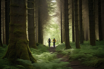 two people walking through a forest with tall trees and green ferns on either side of the path there is a bright light coming from. Generative AI