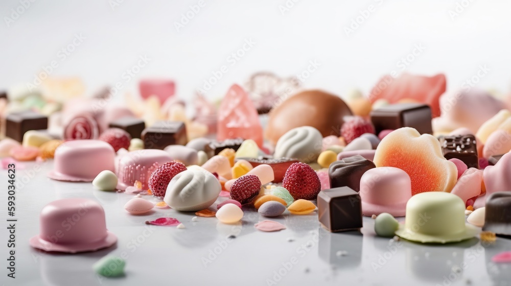 Poster a table topped with lots of different colored candies and chocolates. generative ai