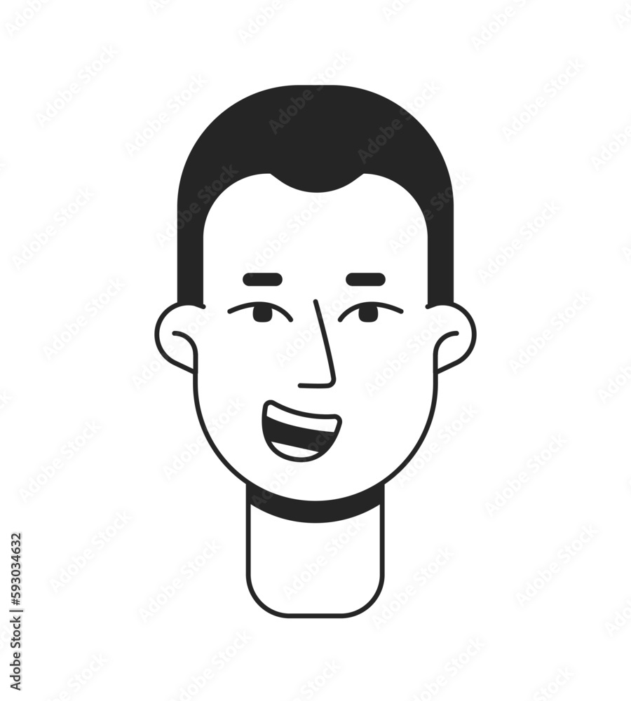 Poster short haired laughing man front flat line monochromatic vector character head. simple outline avatar