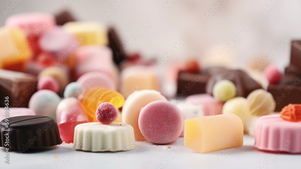 Poster a table topped with lots of different types of candies. generative ai