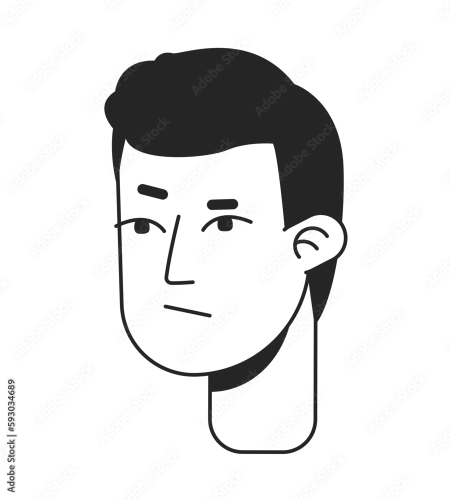 Poster confused man raising eyebrow flat line monochromatic vector character head. simple outline avatar ic