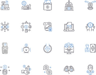 Money outline icons collection. Cash, wealth, funds, coin, currency, income, riches vector and illustration concept set. fortune, capital, pay linear signs