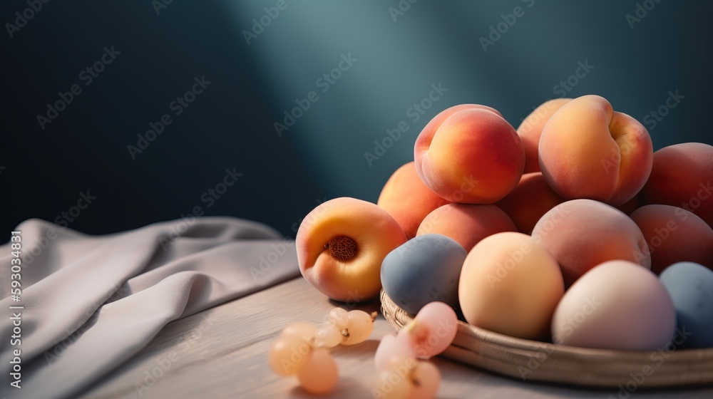 Poster a bowl filled with lots of different types of fruit on top of a table. generative ai