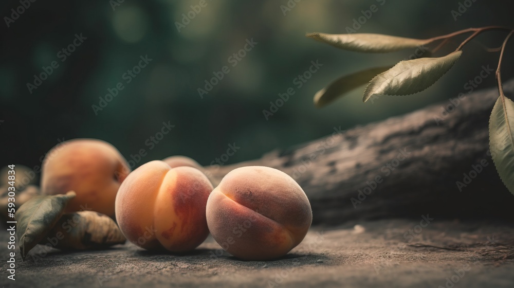 Poster a group of peaches sitting next to a tree branch. generative ai