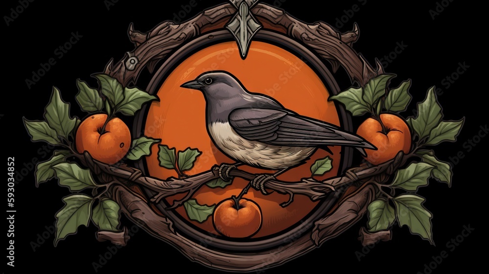 Poster a bird sitting on a branch with oranges around it. generative ai