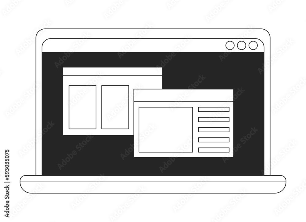 Poster open laptop with software windows flat line black white vector object. notebook front. editable cart