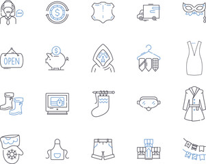 Fashion business outline icons collection. Clothing, Footwear, Apparel, Accessories, Style, Trend, Manufacturing vector and illustration concept set. Retail, Wholesale, Design linear signs