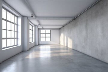 There is an empty room with a gray wall and a concrete floor. Generative AI